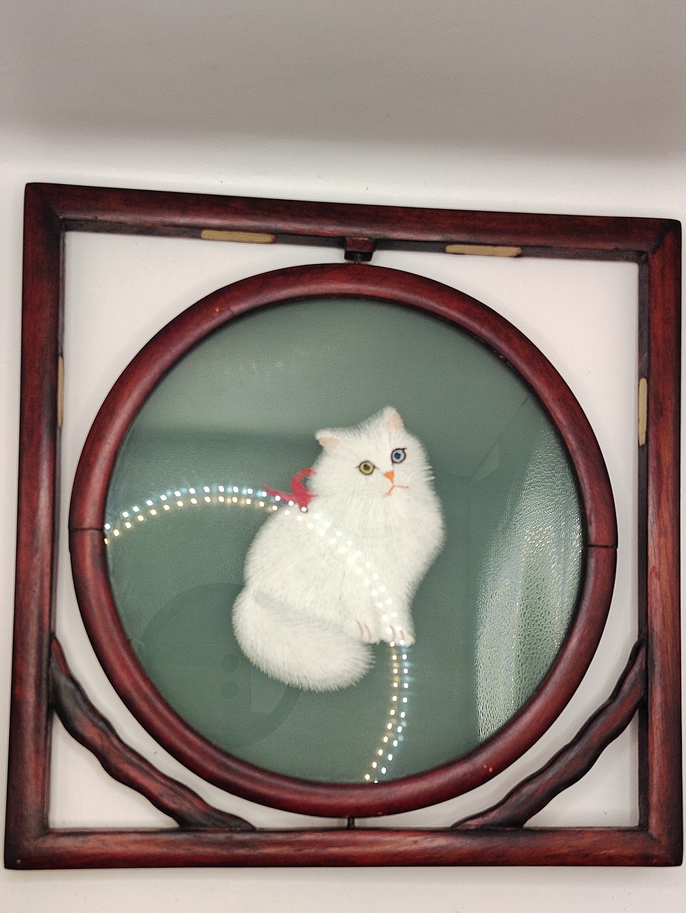 Vintage Chinese Silk Embroidered Cat Under Glass, Carved Wood Frame